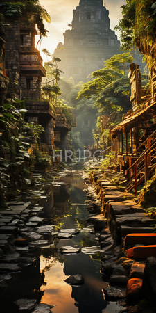 High Resolution: Ancient jungle-covered temple village at sunrise with stone buildings on both sides of a reflective canal download. | HRJPG.com