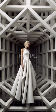 High Resolution: Elegant blonde woman in a strapless white ball gown with flowing skirts standing within geometrically patterned walls download. | HRJPG.com