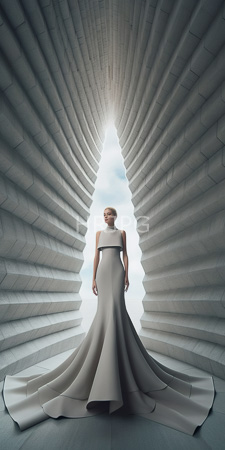 High Resolution: Elegant blonde woman in a sleeveless white gown with black waistband standing between two large textured gray ribbed walls download. | HRJPG.com