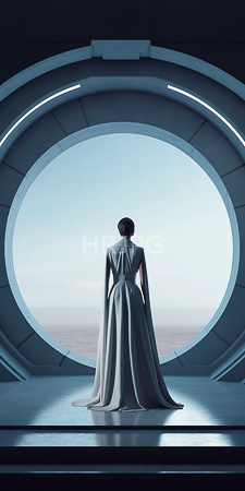 High Resolution: Elegant woman with short dark hair standing in front of a large circular window on a spaceship-like interior download. | HRJPG.com