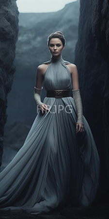 High Resolution: Elegant woman with fair skin and dark hair wearing a flowing grey halter gown cinched at her waist by black leather straps download. | HRJPG.com