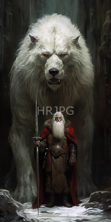 High Resolution: Elderly bearded man with white hair wearing medieval armor and a red cloak standing before a towering giant polar bear-like creature download. | HRJPG.com