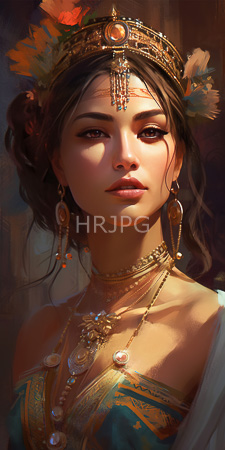 High Resolution: Ethereal young woman with light brown skin and dark hair adorned in ornate gold jewelry including earrings necklace headpiece featuring feathers download. | HRJPG.com