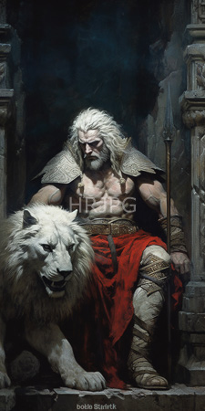 High Resolution: Elderly bearded man with long white hair and muscular build sitting on stone steps beside a large lion-like creature wearing metallic shoulder armor download. | HRJPG.com
