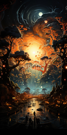 High Resolution: Ethereal surreal landscape with towering trees and glowing orange clouds surrounding a reflective river at nightfall download. | HRJPG.com