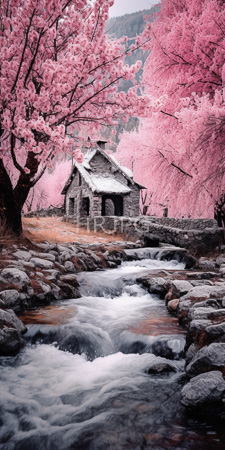 High Resolution: Enchanting picturesque scene featuring a small stone cottage with snow-covered roof nestled among vibrant pink cherry blossom trees download. | HRJPG.com