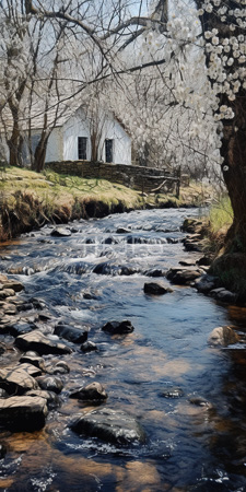 High Resolution: Idyllic spring scene featuring a clear flowing stream with rocks in its bed and white cherry blossoms overhead on leafless trees download. | HRJPG.com