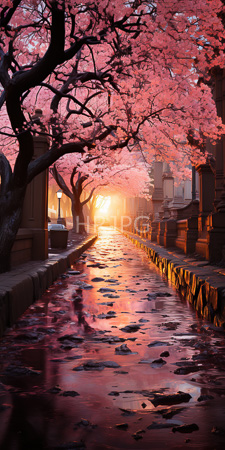 High Resolution: Enchanting narrow canal reflecting vibrant pink cherry blossoms at sunset download. | HRJPG.com