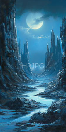 High Resolution: Ethereal moonlit landscape featuring jagged blue and gray rock formations surrounding a reflective river download. | HRJPG.com