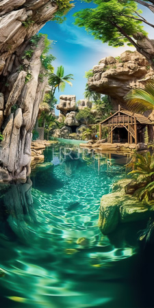 High Resolution: Idyllic tropical paradise featuring clear turquoise water reflecting sunlight in front of rocky cliffs and lush greenery with palm trees download. | HRJPG.com