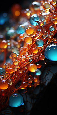 High Resolution: Abstract close-up scene featuring intricate orange and blue glass-like spheres with reflective surfaces on dark background download. | HRJPG.com