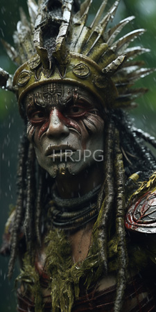 High Resolution: Indigenous warrior with dark weathered skin and red-painted facial markings wearing a large feather headdress download. | HRJPG.com