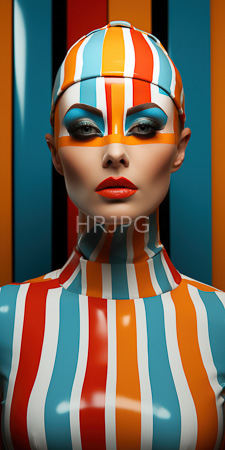 High Resolution: Androgynous model with pale skin wearing vibrant latex clothing featuring vertical orange-white-blue stripes download. | HRJPG.com
