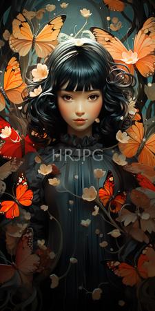 High Resolution: Ethereal Asian woman with wavy black hair wearing a dark blue ruffled dress amidst vibrant orange butterflies and delicate white flowers download. | HRJPG.com