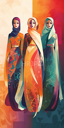 High Resolution: Three women in colorful patterned hijabs and long dresses standing side by side against an abstract gradient background download. | HRJPG.com