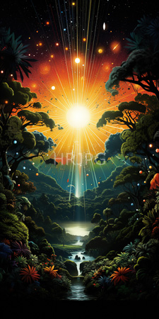High Resolution: Enchanting forest scene at sunset with vibrant orange and yellow rays of sunlight piercing through dense green foliage download. | HRJPG.com