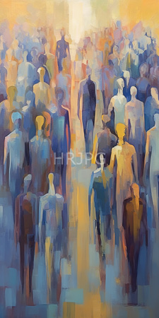 High Resolution: Abstract painting depicting numerous indistinct human figures in various shades of blue and yellow walking away from the viewer download. | HRJPG.com