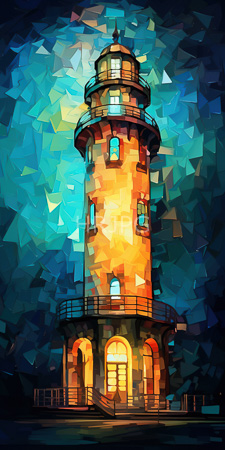 High Resolution: Illuminated lighthouse with geometric polygonal textures in vibrant blues and warm oranges download. | HRJPG.com