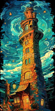 High Resolution: Ancient stone lighthouse with weathered textures and warm orange-brown hues transitioning to cool blue-green shades in swirling sky download. | HRJPG.com