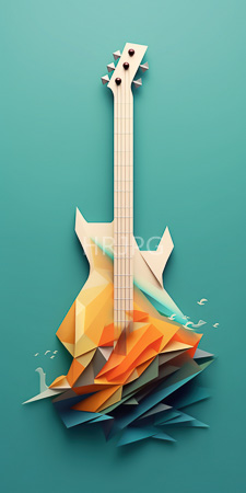 High Resolution: Abstract geometric electric guitar with sharp angles and vibrant colors (orange yellow teal) against a solid turquoise background download. | HRJPG.com