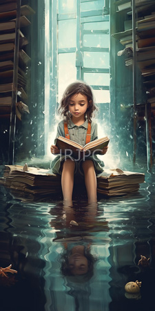 High Resolution: Asian girl with wavy brown hair wearing orange suspenders over green dress sitting in shallow water reading books download. | HRJPG.com