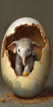 High Resolution: Adorable gray baby elephant with large ears and blue eyes emerging from inside a cracked eggshell download. | HRJPG.com