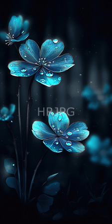 High Resolution: Glowing blue flowers with translucent petals adorned by water droplets on dark background download. | HRJPG.com