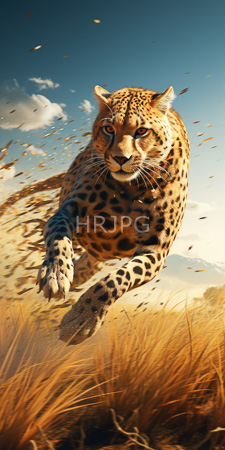 High Resolution: Athletic spotted leopard mid-leap in tall golden grass under clear blue sky with scattered clouds download. | HRJPG.com