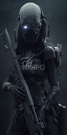 High Resolution: Armored humanoid alien with sleek black exoskeleton and helmet featuring glowing blue eyes download. | HRJPG.com