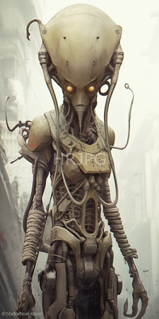 High Resolution: Eerie humanoid robot with beige metallic skin and glowing yellow eyes standing in a foggy urban alleyway download. | HRJPG.com