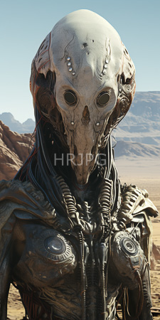 High Resolution: Alien creature with a skeletal skull-like head featuring hollow eyes and intricate mechanical details on its face download. | HRJPG.com