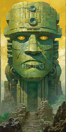 High Resolution: Enormous cracked stone statue with glowing yellow eyes and intricate geometric patterns on its face download. | HRJPG.com