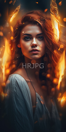 High Resolution: Ethereal fair-skinned woman with fiery red hair and intense green eyes gazing forward amidst glowing orange flames download. | HRJPG.com