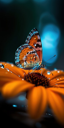 High Resolution: Orange and black butterfly with delicate patterned wings adorned by dewdrops perched on vibrant yellow-orange petals download. | HRJPG.com