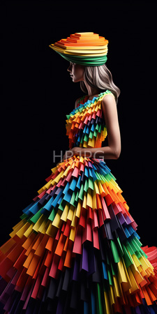 High Resolution: Elegant woman with light brown hair wearing a vibrant rainbow-colored dress made from layered paper strips download. | HRJPG.com