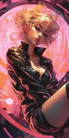High Resolution: Attractive blonde-haired woman with curly hair and fair skin in a black leather jacket revealing ample cleavage download. | HRJPG.com