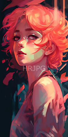 High Resolution: Anime-style young woman with vibrant pink wavy hair and large purple eyes looking over her shoulder to the left side download. | HRJPG.com