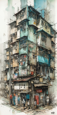 High Resolution: Intricate watercolor and ink drawing of densely packed multi-story urban apartment buildings in East Asia download. | HRJPG.com