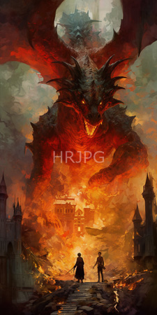 High Resolution: Two cloaked figures standing on an ash-covered path facing towering red and black dragon with glowing eyes download. | HRJPG.com