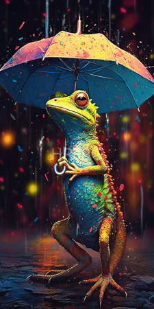 High Resolution: Anthropomorphic brightly colored lizard with green and blue scales standing in rain under a multicolored umbrella download. | HRJPG.com