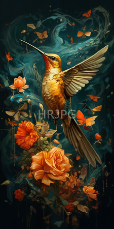 High Resolution: Iridescent hummingbird with orange greenish-blue feathers and long beak hovering above vibrant pink roses download. | HRJPG.com
