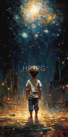 High Resolution: Adorable young boy with short brown hair standing barefoot on wet ground at night under glowing star-like lights download. | HRJPG.com