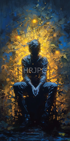 High Resolution: Abstract shadowy figure seated on metal chair in dark blue and black hues download. | HRJPG.com