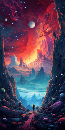 High Resolution: Alien landscape with towering jagged mountains under vibrant red and orange skies filled with stars and planets download. | HRJPG.com
