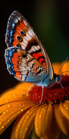High Resolution: Close-up butterfly with orange and blue intricate black patterns on its wings perched delicately atop vibrant yellow petals adorned in dewdrops download. | HRJPG.com