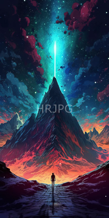 High Resolution: Ethereal mountainous landscape under a starry sky with vibrant clouds and cosmic hues of blue-green-red-orange download. | HRJPG.com