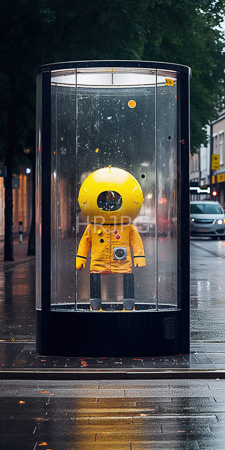 High Resolution: Urban street scene featuring a yellow astronaut-like mannequin dressed in bright orange rain gear inside a clear glass display case download. | HRJPG.com