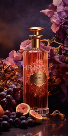 High Resolution: Ornate rectangular glass bottle filled with pink liquor labeled "Parfait Amour" adorned by intricate floral patterns on its gold label download. | HRJPG.com