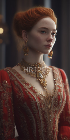 High Resolution: Elegant fair-skinned woman with red hair in period-style updo wearing ornate gold jewelry and intricate embroidered deep-red dress download. | HRJPG.com