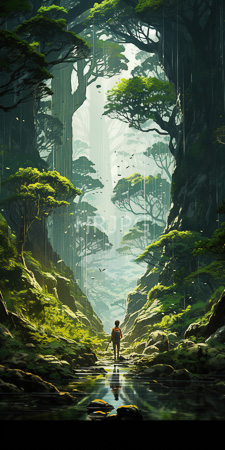 High Resolution: Ethereal forest scene with towering moss-covered trees and rain falling gently through misty light beams download. | HRJPG.com
